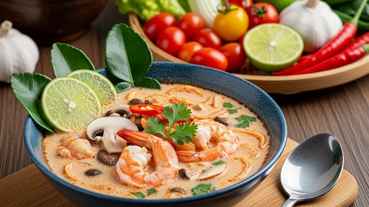 Creamy Tom Yum Kung spicy shrimp soup with mushrooms and herbs