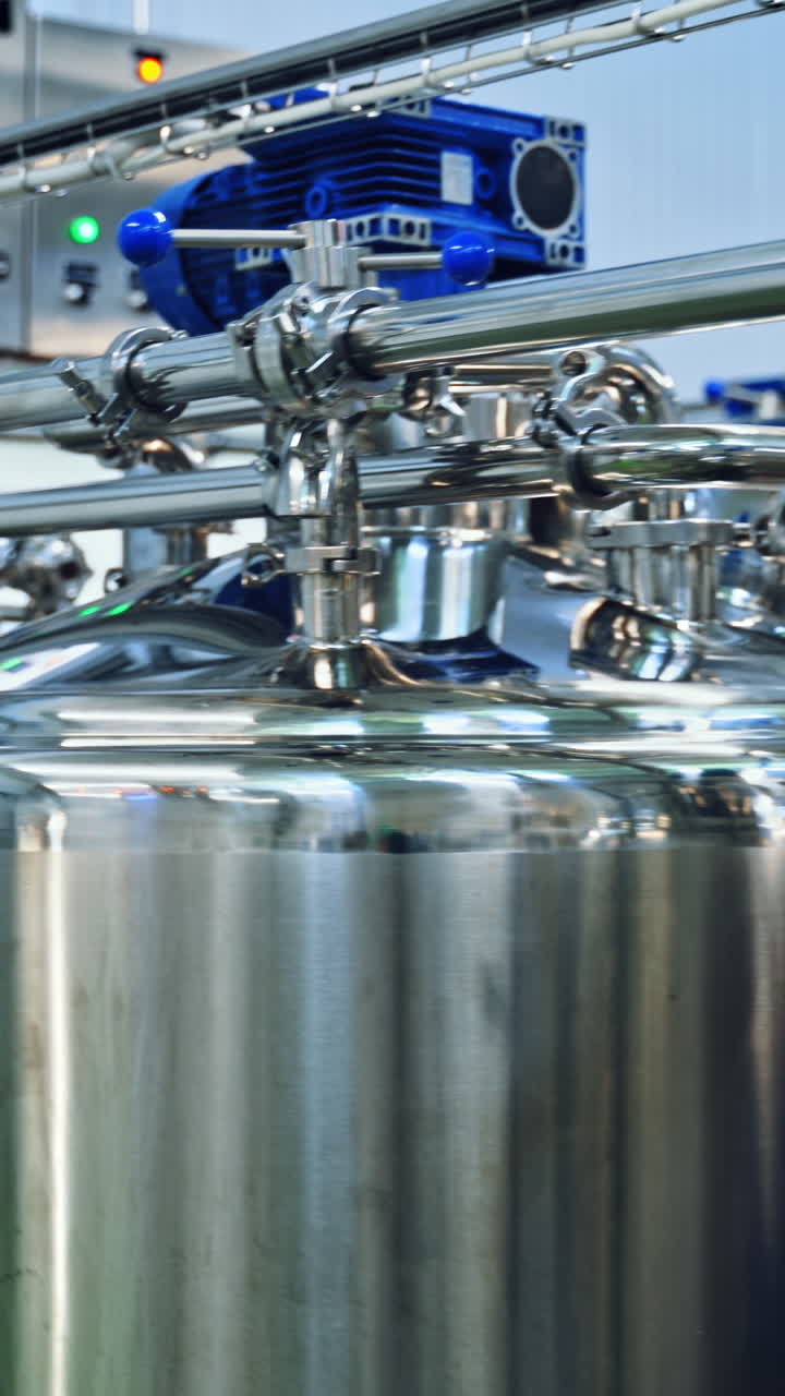 Modern technology of making organic cheese in the dairy factory. Special equipment for making delicious milk products inside the manufacture plant. Vertical video