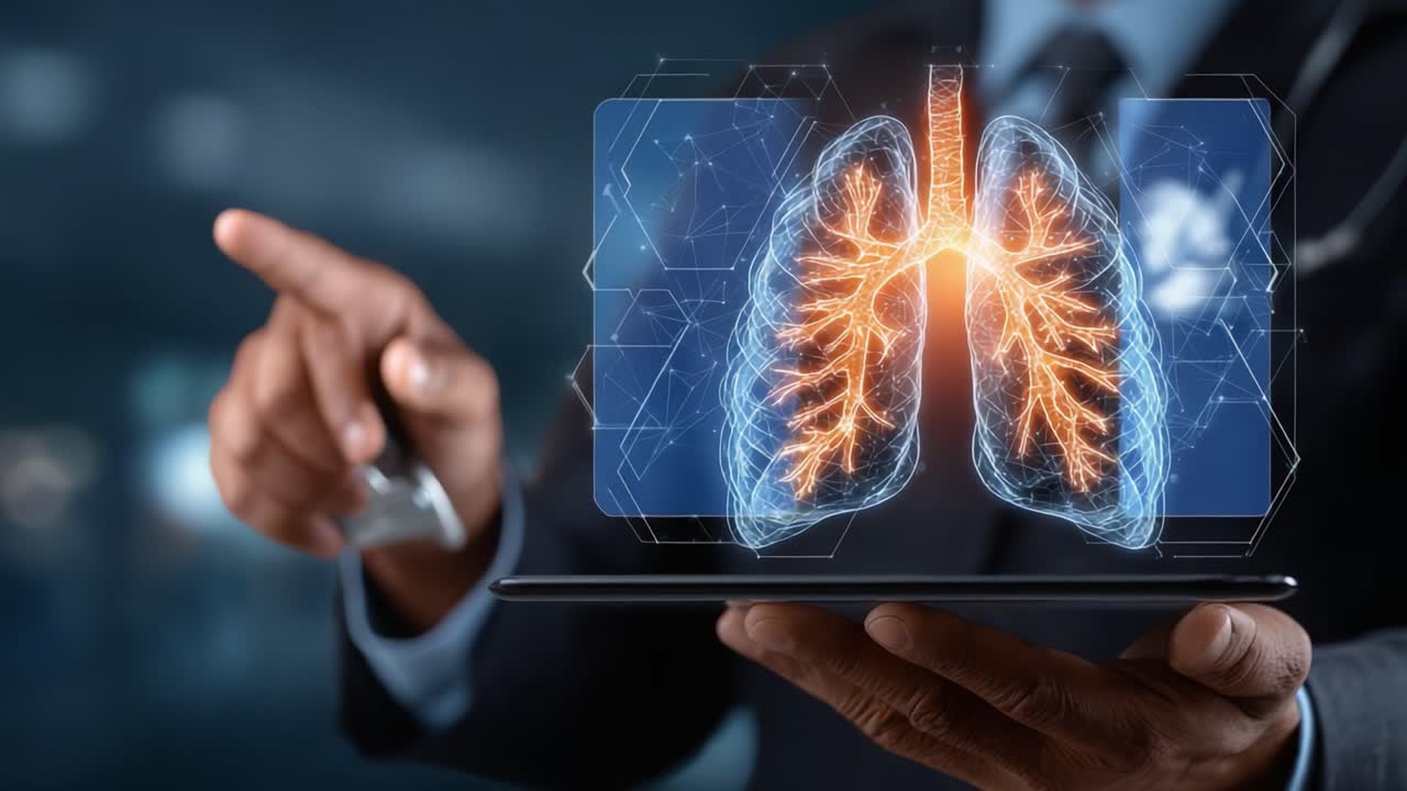A Professional Examines Advanced Lung Health Visualization Using Digital Technology and Interactive Presentation Techniques to Enhance Medical Understanding and Communication
