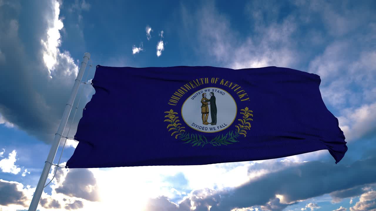 Kentucky flag on a flagpole waving in the wind in the sky. State of Kentucky in The United States of America
