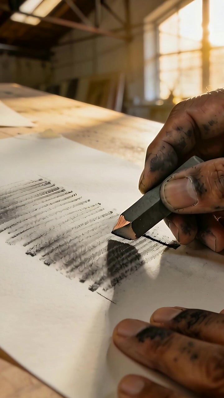 Video verticale: Posizionando un bastoncino di carboncino, la mano dell'artista crea un blocco tonale su carta da studio illuminata dal sole.