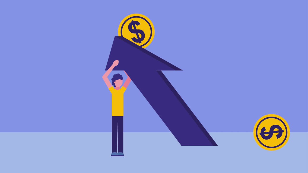 businessman holding arrow up and rolling coins