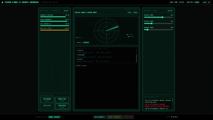 Antarmuka Kokpit Pesawat Luar Angkasa dengan Panel Kontrol HUD Digital