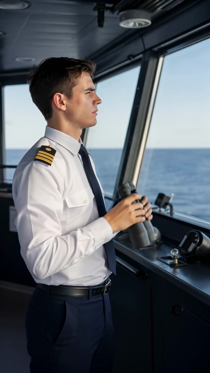 Uomo in uniforme bianca sposta il binocolo dagli occhi all'altezza del petto e continua a guardare l'acqua blu calma dal ponte, incorniciato da finestre inclinate, comandi e luce diurna.