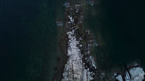 top down aerial of sea rocks and sea floor with sea birds flying