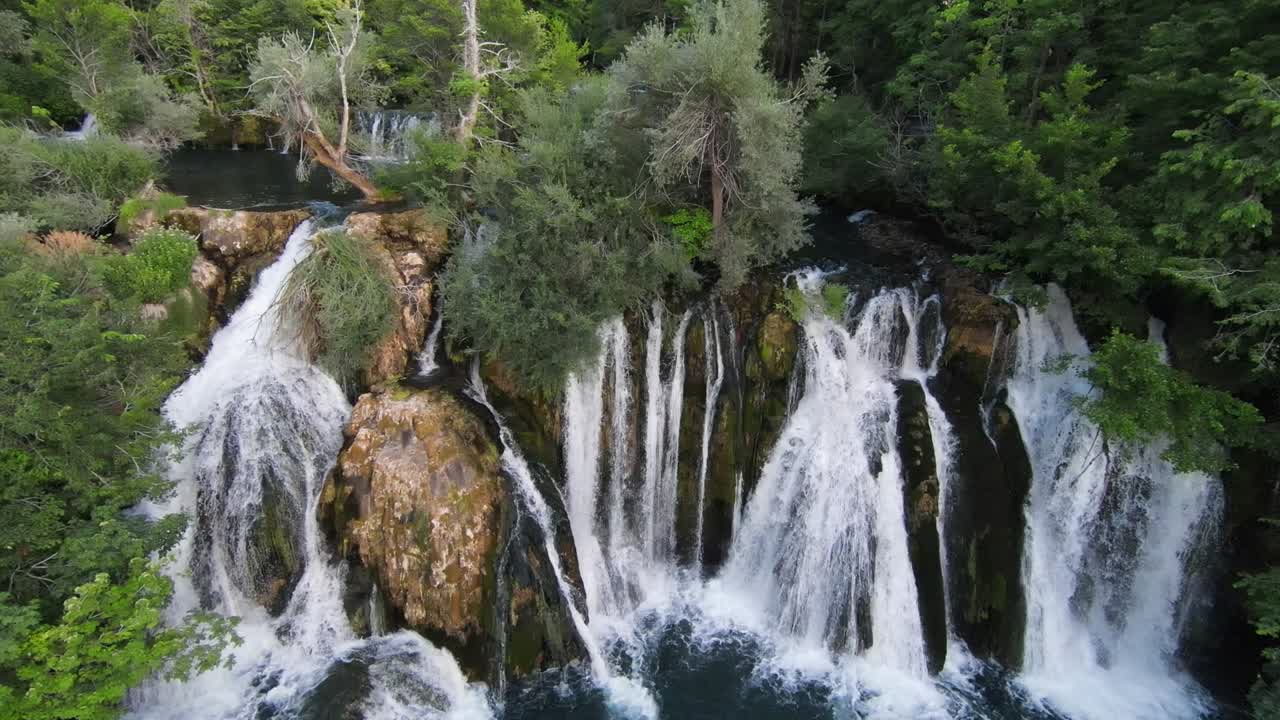 vuelo en primera persona en un profundo cañón por encima de un río de montaña entre matorrales de bambú, rododendros cubiertos de musgo