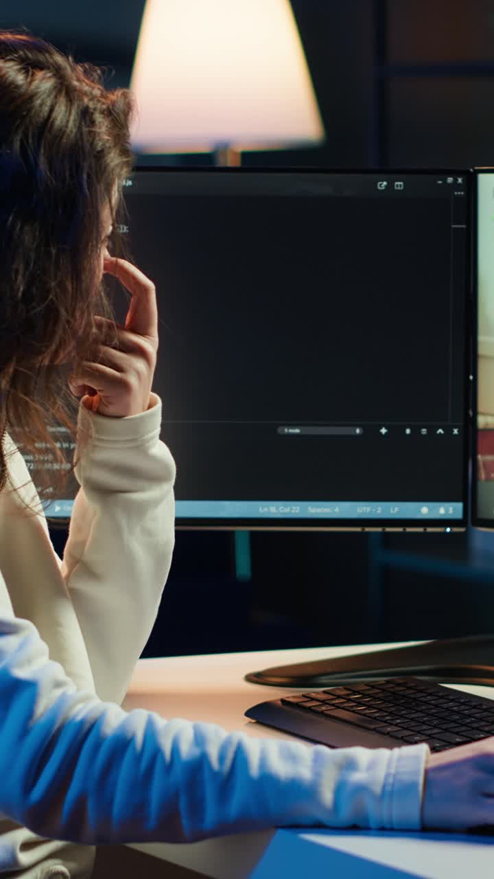 Video verticale. Donna che esegue il debug di un software, aiutata da un collega in una videochiamata