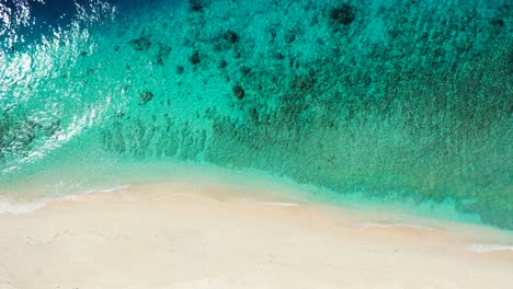 Aerial-over-a-beautiful-coral-reef-in-the-shallows-blue-ocean-waters-of-a-tropical-beach-island-getaway