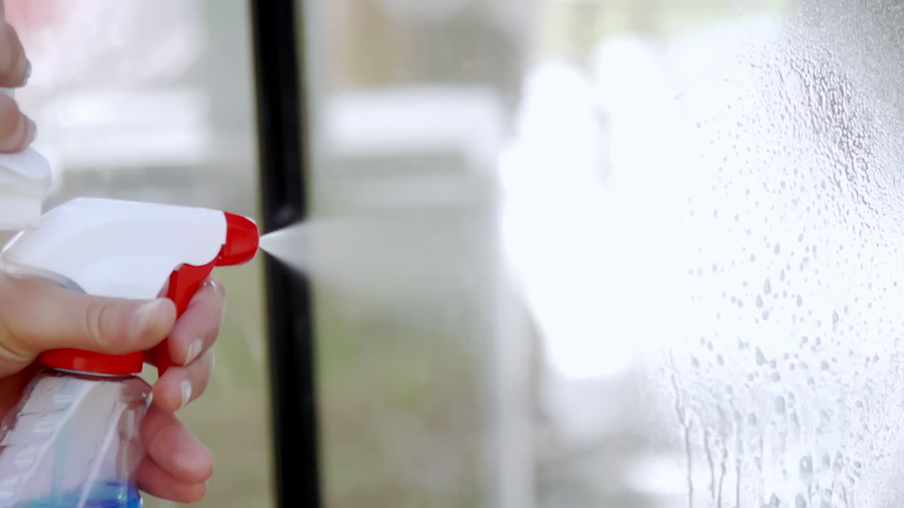 청소제 스프레이어 에 의해 유리 에 물 을 분사 하는 느린 동작