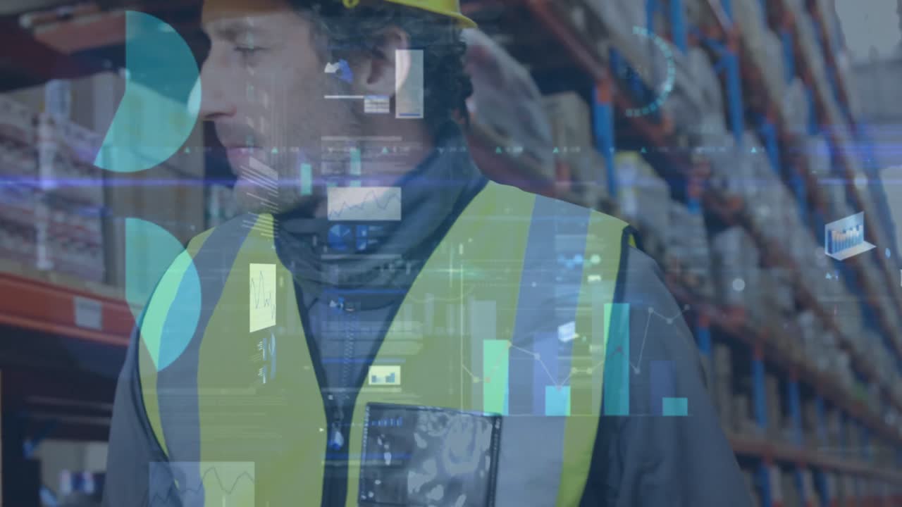 animación de estadísticas y procesamiento de datos financieros sobre el hombre que trabaja en el almacén