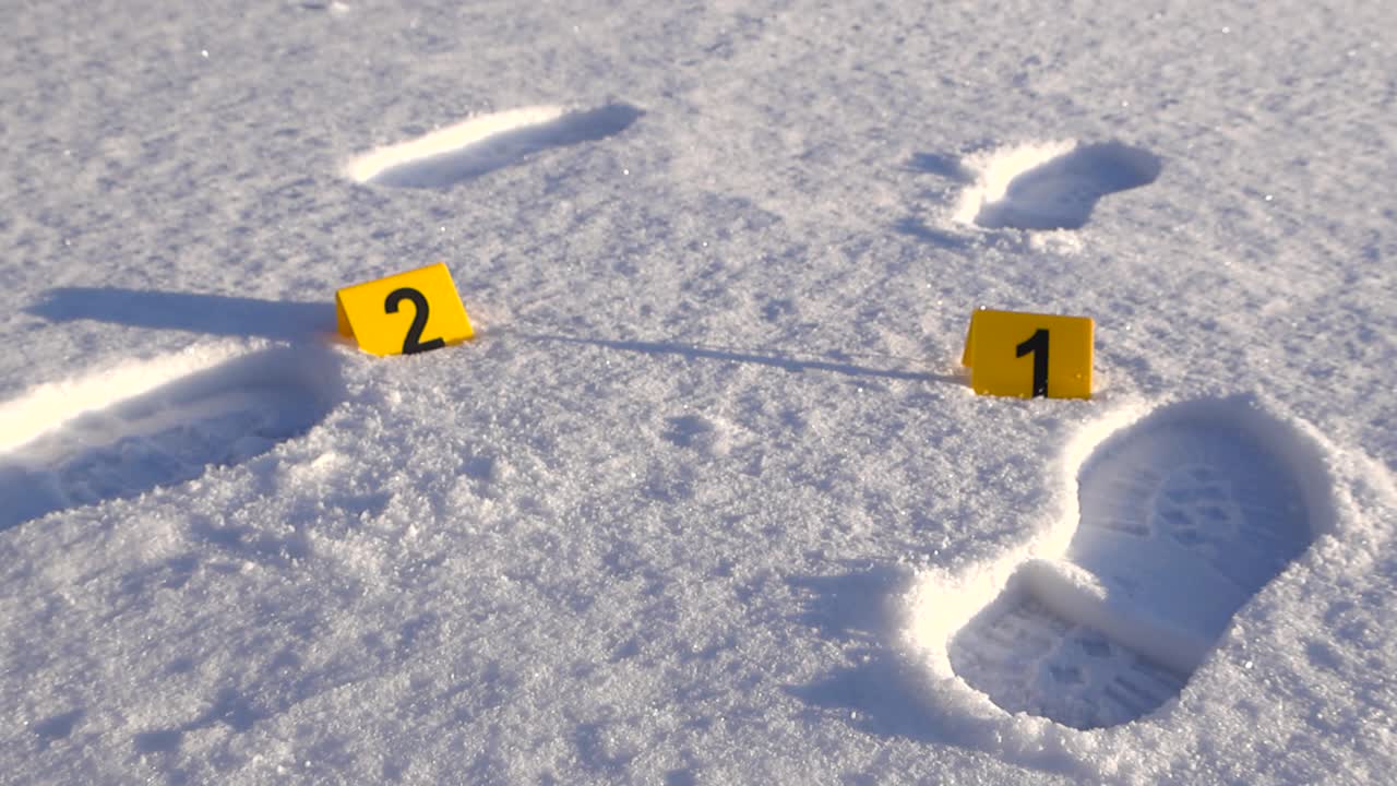Forensic yellow and numbered police crime scene evidence markers next to footprints or boot prints left in white fluffy and beautiful winter snow during a sunny day. Close up gliding video