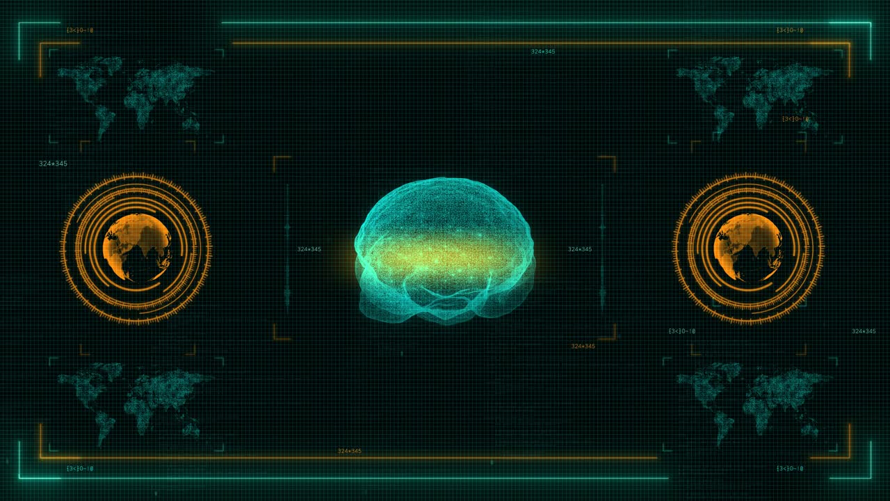 3D Technological Interface: Glowing Dashboard with Artificial Intelligence, Human Brain MRI Scan, and Network Data for Medical Research