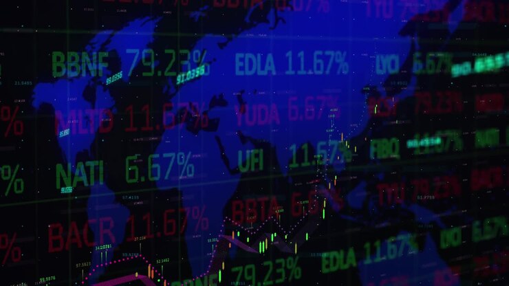 Animation of financial and stock market data processing over world map against black background