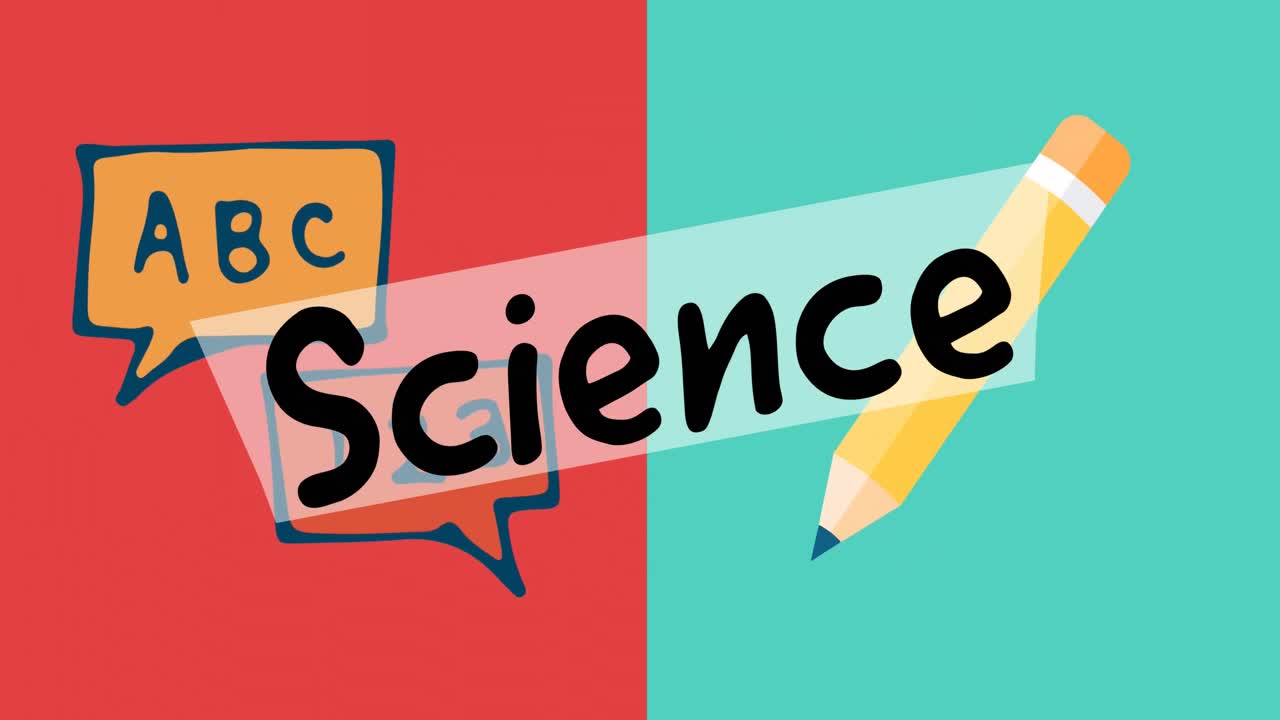 Animation of science text over school items icons on green and red background