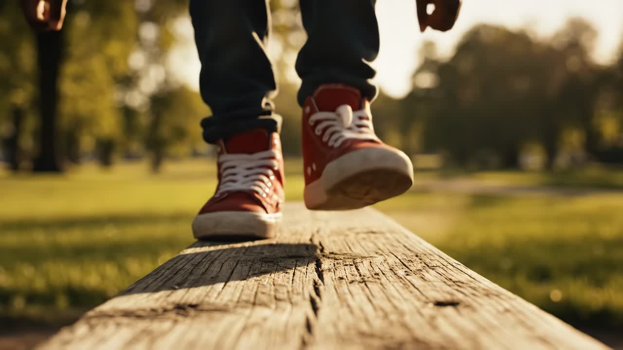 Child balancing on wooden beam