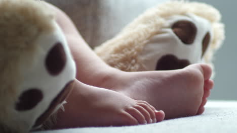 primer plano de pies de bebé durmiendo y moviéndose entre patas de animal de peluche