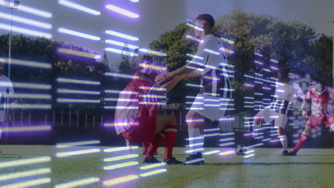 Soccer players on field with dynamic light streaks animation overlay