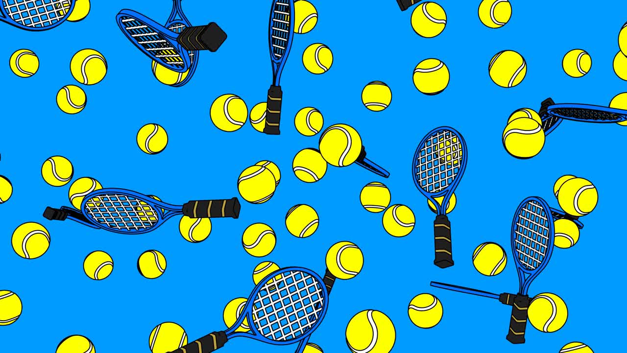 푸른 바탕에 푸른 스타일의 테니스 공과 푸른 테니스 래켓.