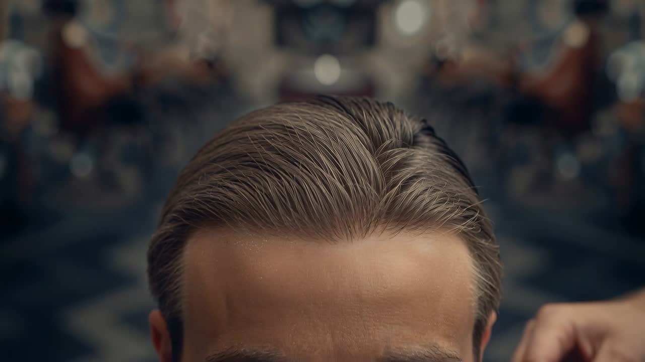 La mano di un barbiere si protende da destra mentre taglia i capelli di un cliente in un salone, utilizzando forbici e una mantella.