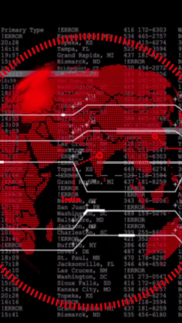 Animation of satellite over globe and numbers processing on black background