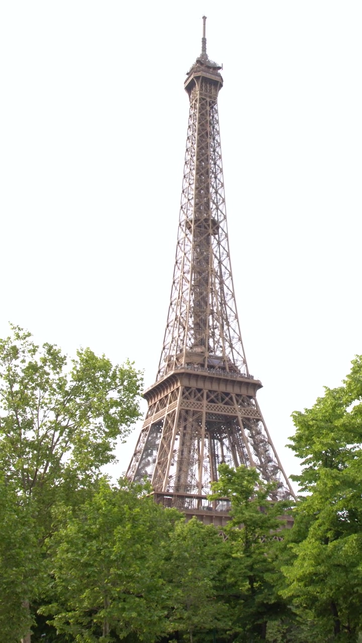 Una panoramica verticale della telecamera rivela l'iconica Torre Eiffel sopra gli alberi verdi e rigogliosi di un parco