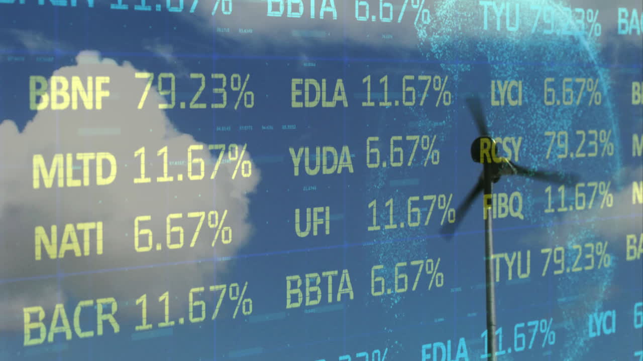 주식 시장 데이터 처리의 애니메이션과 파란 하늘을 배경으로 회전하는 풍차 위의 지구