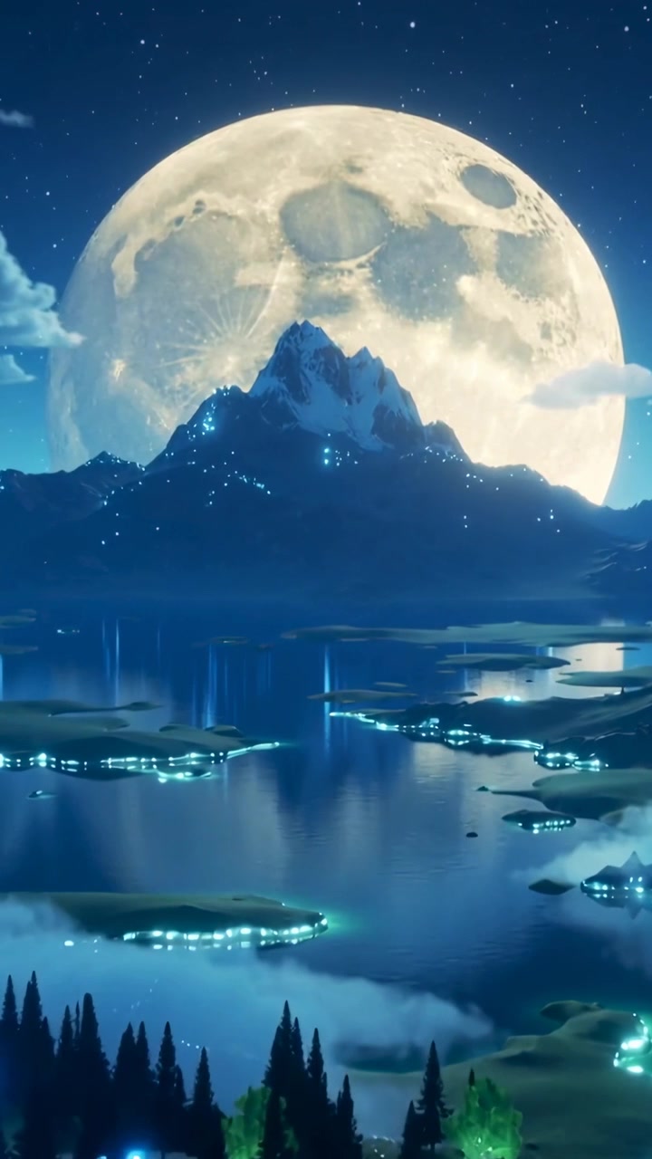 Video verticale: Telecamera in movimento che rivela una cima frastagliata che blocca la luna piena sopra un lago calmo, con isole illuminate.