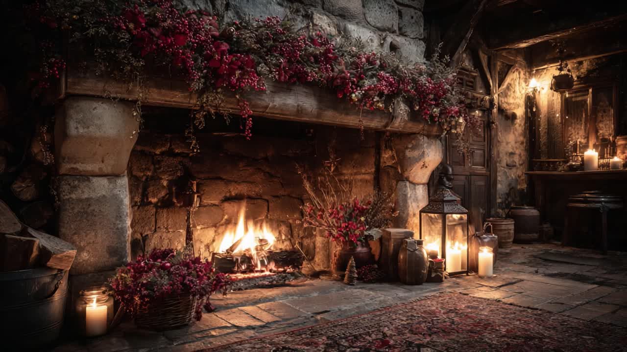 A Cozy Fireplace Surrounded by Rustic Decorations and Warm Ambiance, Perfect for a Relaxing Evening at Home with Charming Candlelight and Seasonal Accents