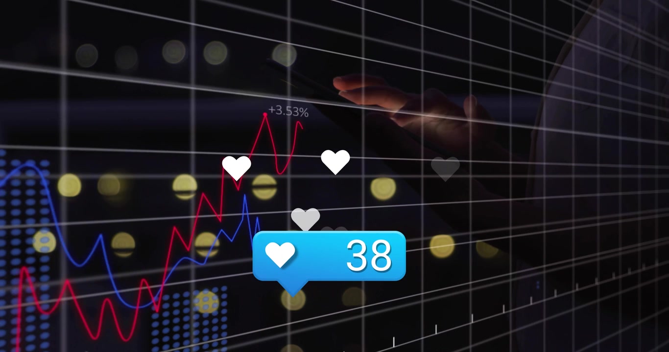 3D render hand holding smartphone showing data dashboard with hearts and like-counter bubble