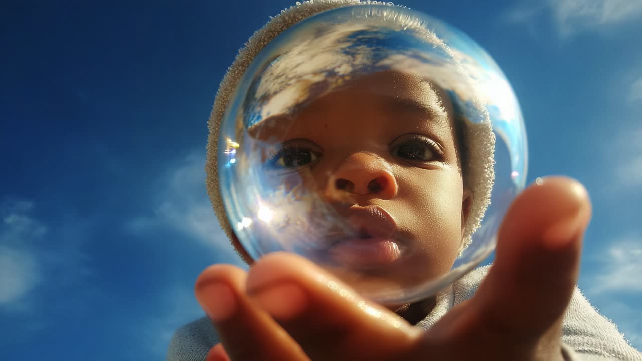 A Child's Innocent Curiosity: Gazing at the World through a Bubble Reflecting the Sky and Clouds, Capturing a Moment of Wonder and Discovery in a Playful Atmosphere