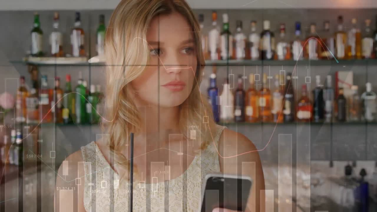 스마트 폰을 사용하는 여성에 대한 금융 데이터 처리 및 통계의 애니메이션