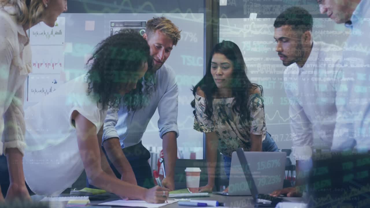 Animation of interface with data and statistics and business colleagues working together in office