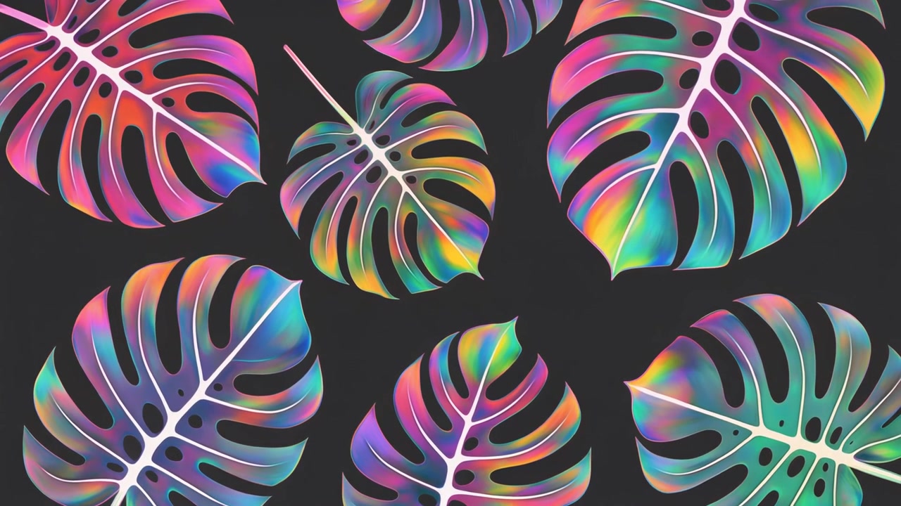 Abstract Pattern of Iridescent Monstera Leaves on Dark Background