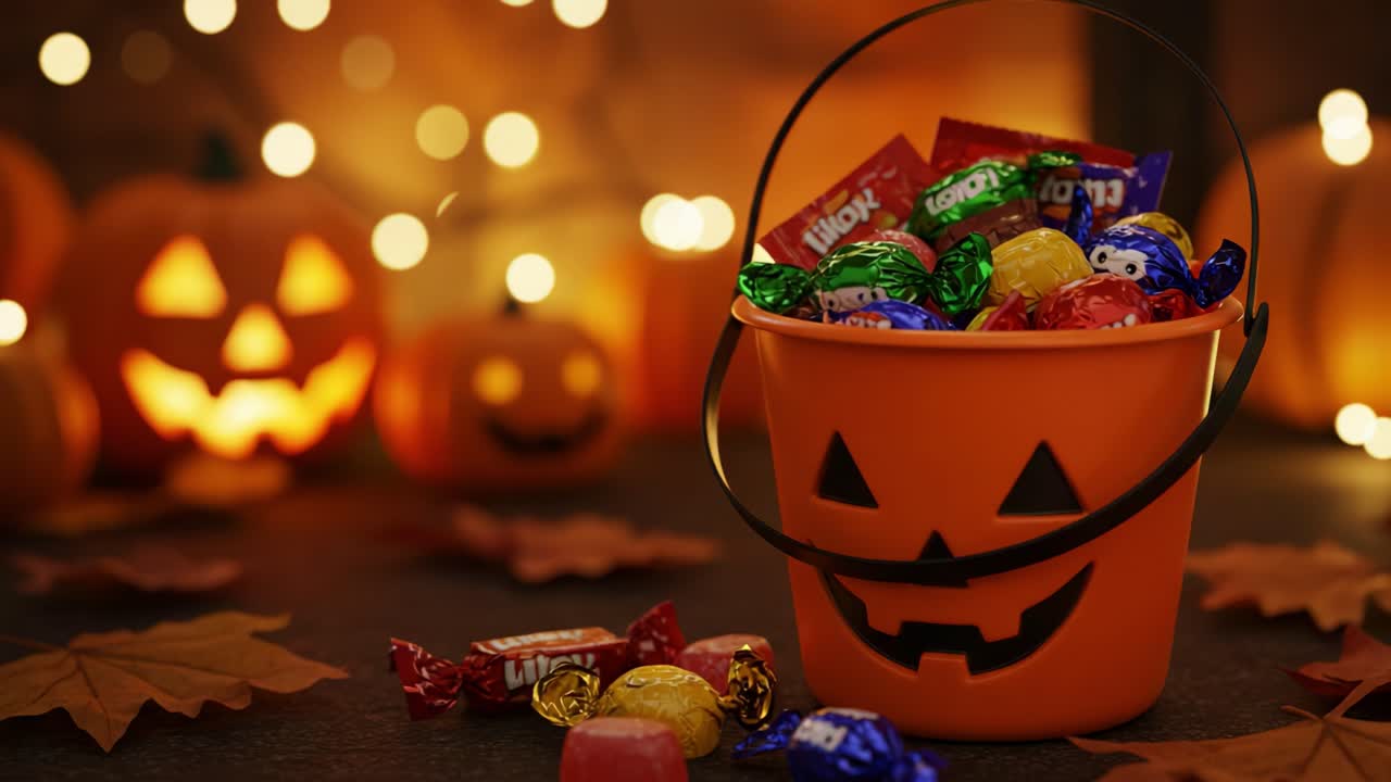 A Festive Halloween Scene Featuring a Pumpkin Bucket Overflowing with Colorful Treats, Surrounded by Glowing Jack-o'-Lanterns and Autumn Leaves, Perfectly Capturing the Spirit of the Season
