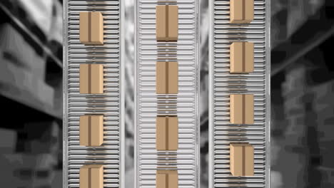 animación de cajas de cartón que se mueven en cintas transportadoras sobre el almacén