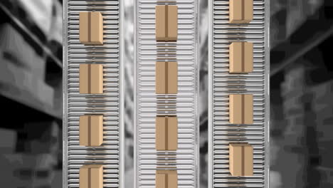 animation of cardboard boxes moving on conveyor belts over warehouse