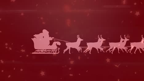 Animation-of-santa-claus-in-sleigh-with-reindeer-and-stars-falling-over-background-with-red-filter