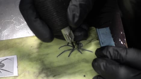 a tattoo artist drawing a black widow on synthetic skin