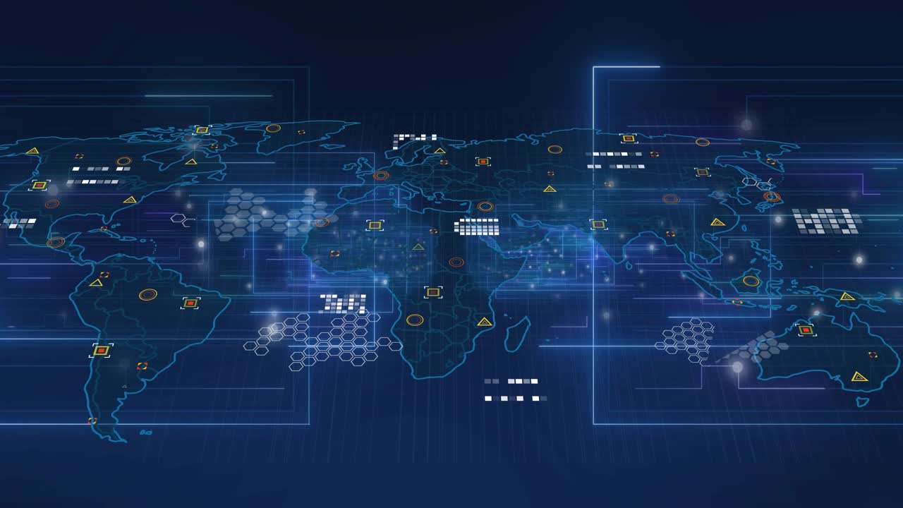 Hovering holographic panels emitting neon lines revealing world map with icons showing global flows