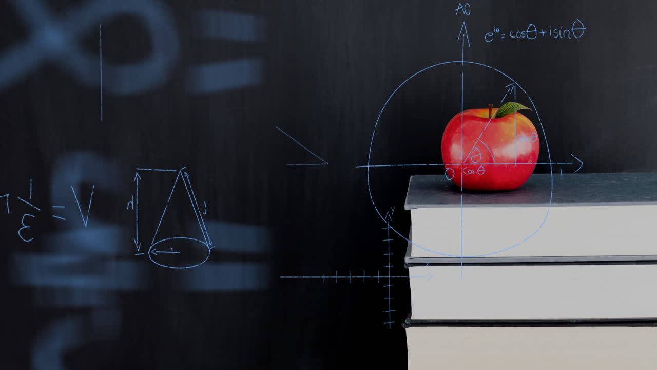Apple on top of a pile of books and mathematical equations and graphs