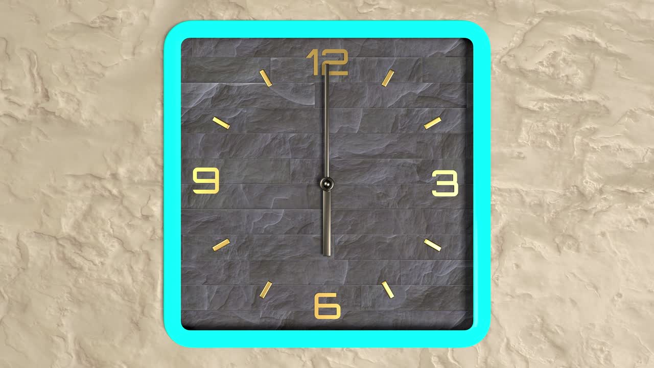 Animazione 3D di un orologio a forma quadrata sulla parete. Motivo continuo del tempo che scorre.