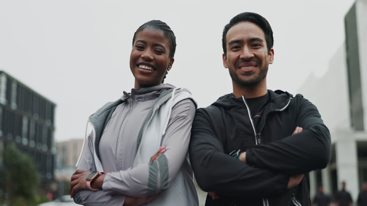 pareja feliz sonriendo en la ciudad después de un entrenamiento
