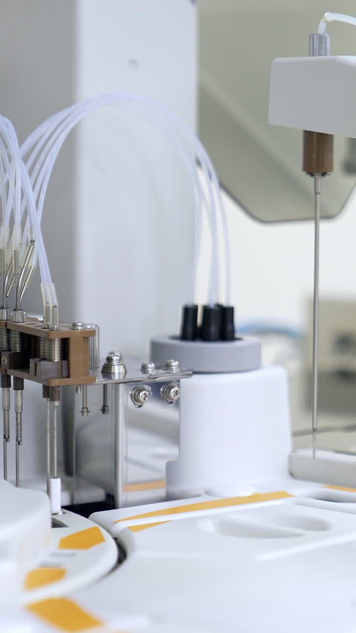 Special pistons are going up and down at equipment at science laboratory. Carrying out blood testing biomedical analyses in modern clinic. Vertical video