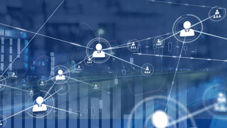 animación de la red de conexiones con iconos digitales estadísticas y procesamiento de datos