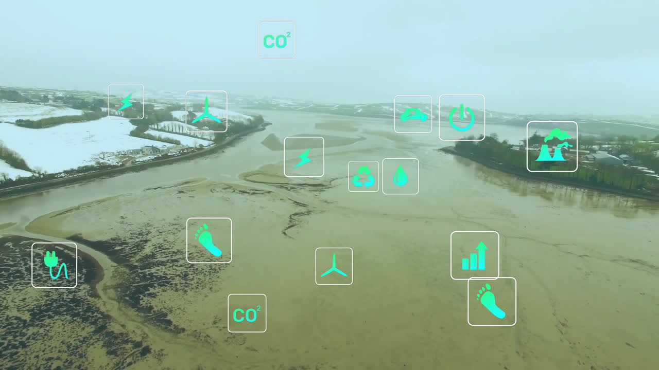 animación de iconos de ecología sobre el paisaje fluvial