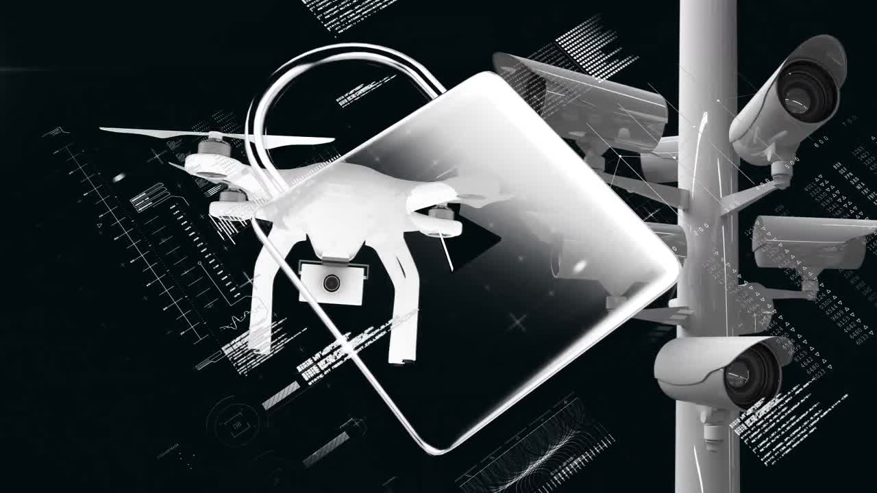 animación del icono del candado de seguridad en línea y el avión no tripulado volando con cámaras de cctv