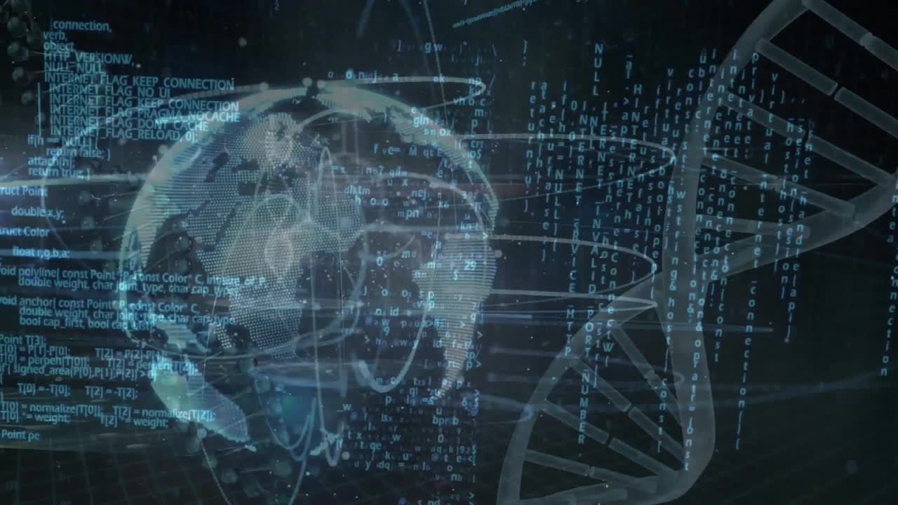 Animation of globe with data processing and dna strand on black background