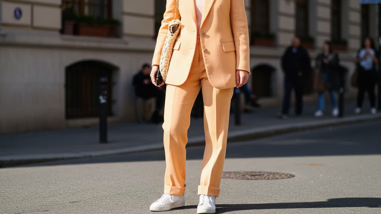 A Stylish Individual Walking Confidently in a Soft Orange Suit, Exuding Modern Fashion Trends and Urban Chic Vibes on a Busy Sidewalk, Captured in a Dynamic Street Scene
