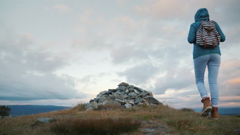 the traveler ascends to the top of the mountain where a small mound lies the harsh nature of norway