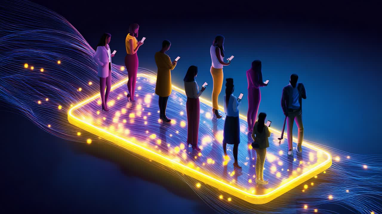A group of diverse individuals engaged in online interactions, illuminated by glowing smartphone screens, standing on a futuristic platform amidst dynamic, flowing digital lines